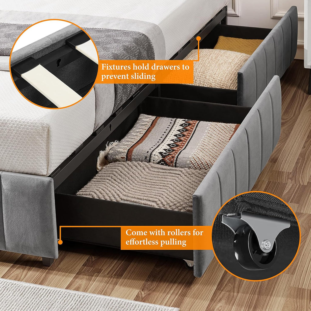 Yaheetech Full Upholstered Platform Bed with Underbed 4 Storage Drawers, No Fixed Headboard, Mattress Foundation with Wood Slat Support, Large Storage Space, No Box Spring Needed, Dark Grey Full