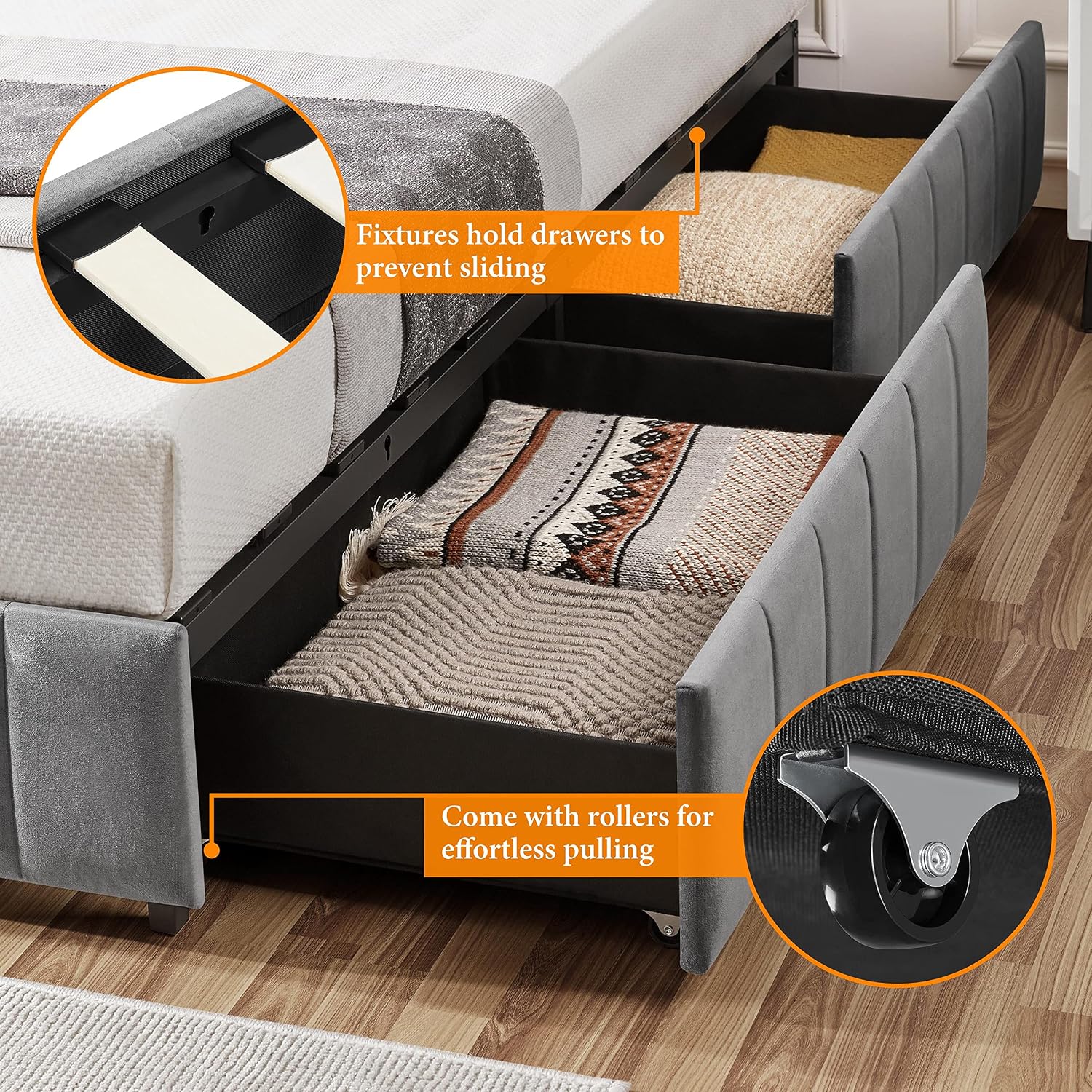 Yaheetech Full Upholstered Platform Bed with Underbed 4 Storage Drawers, No Fixed Headboard, Mattress Foundation with Wood Slat Support, Large Storage Space, No Box Spring Needed, Dark Grey Full