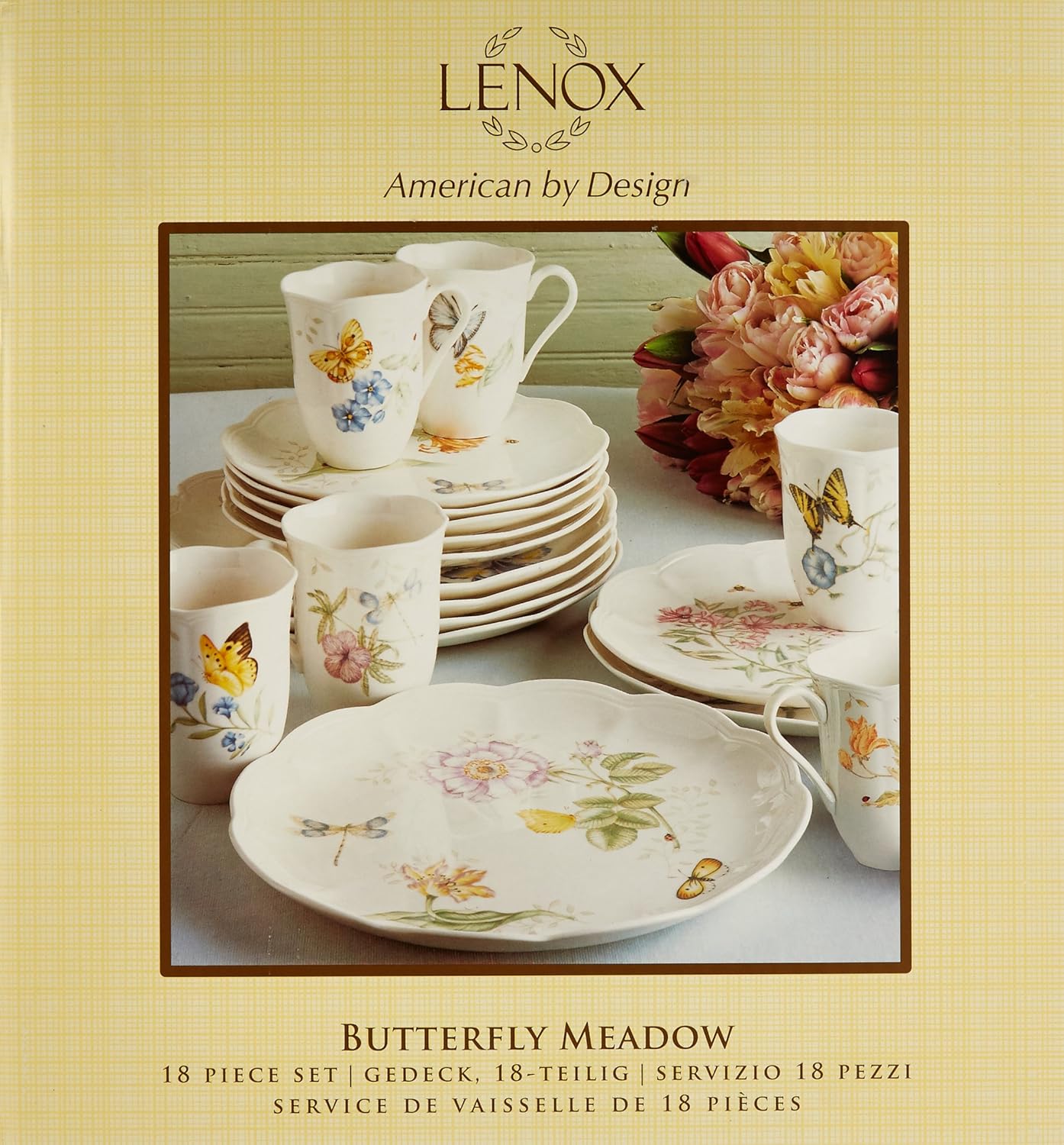 Lenox Dinnerware Set, Butterfly Meadow 18-Piece Set, Service For 6, White Porcelain, Butterfly And Flower Designs, Plates And Bowls Sets, Dishwasher Safe, Home & Kitchen (Assorted, 18 Pieces)