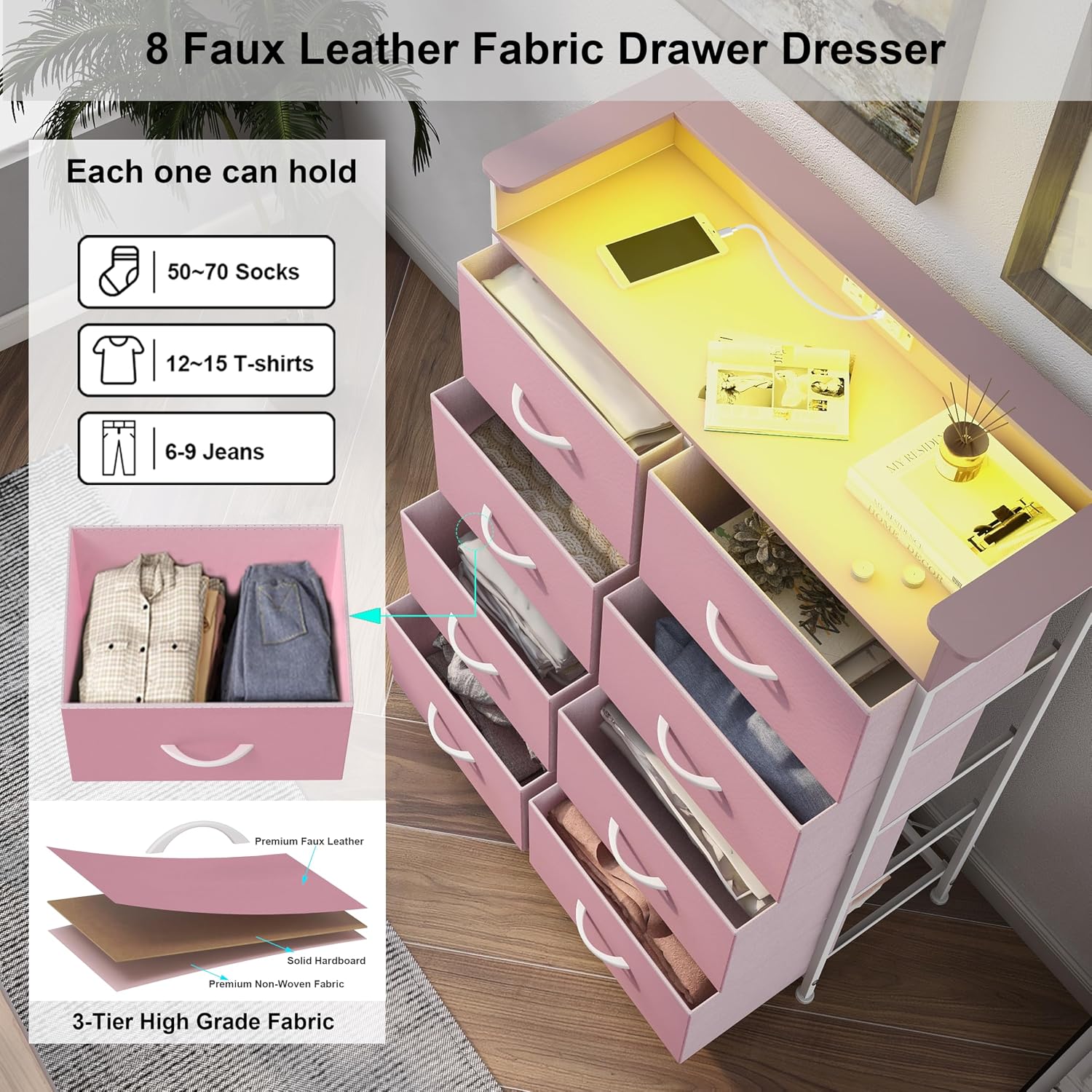 Pink Dresser for Bedroom with Charing Station Dressers with LED Lights Tall Dresser with 8 Drawers Storage Tower for Closet Living Room Hallway Entryway Sturdy Steel Frame Wood Top