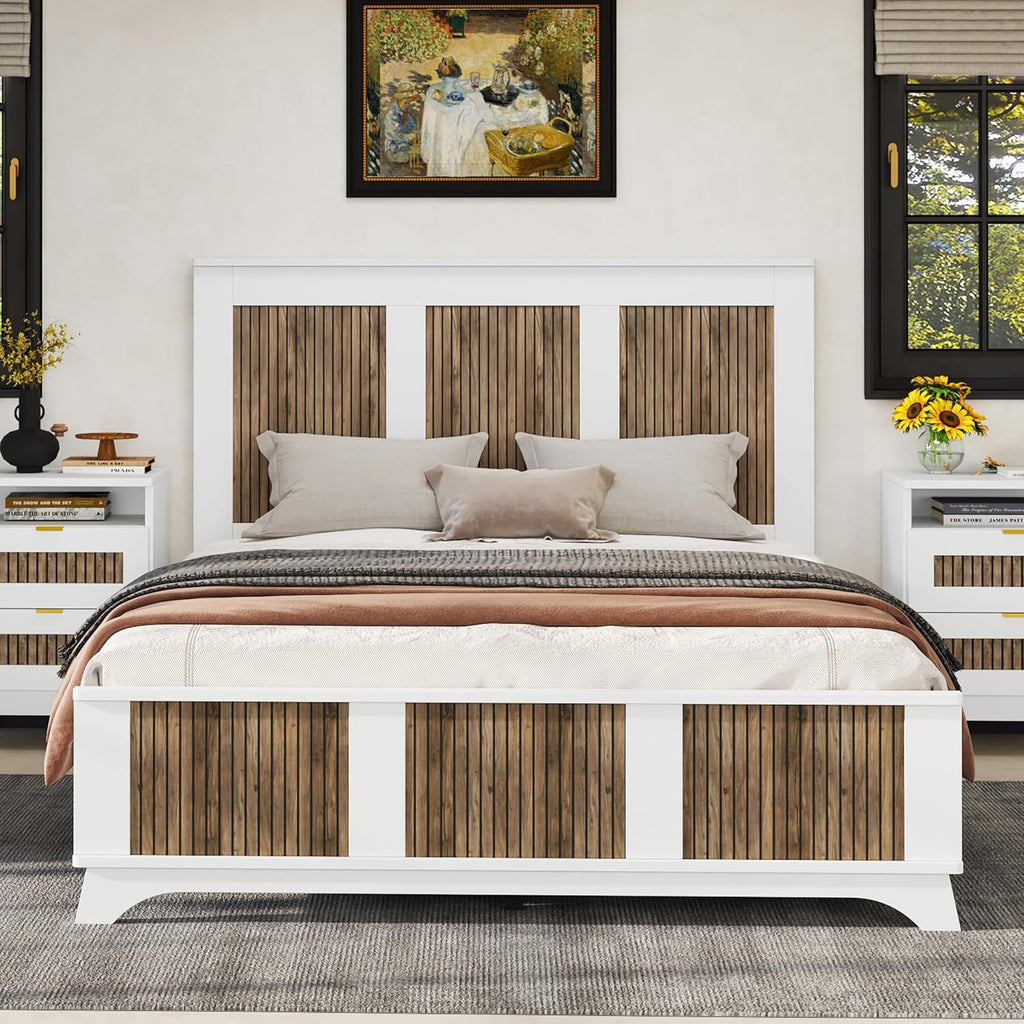 JIVOIT Farmhouse Wooden Platform Bed, Queen Size Platform Bed with Wooden Strip Decoration Headboard and Footboard, Plywood Slats Support, No Box Spring Required (White,Queen,268)