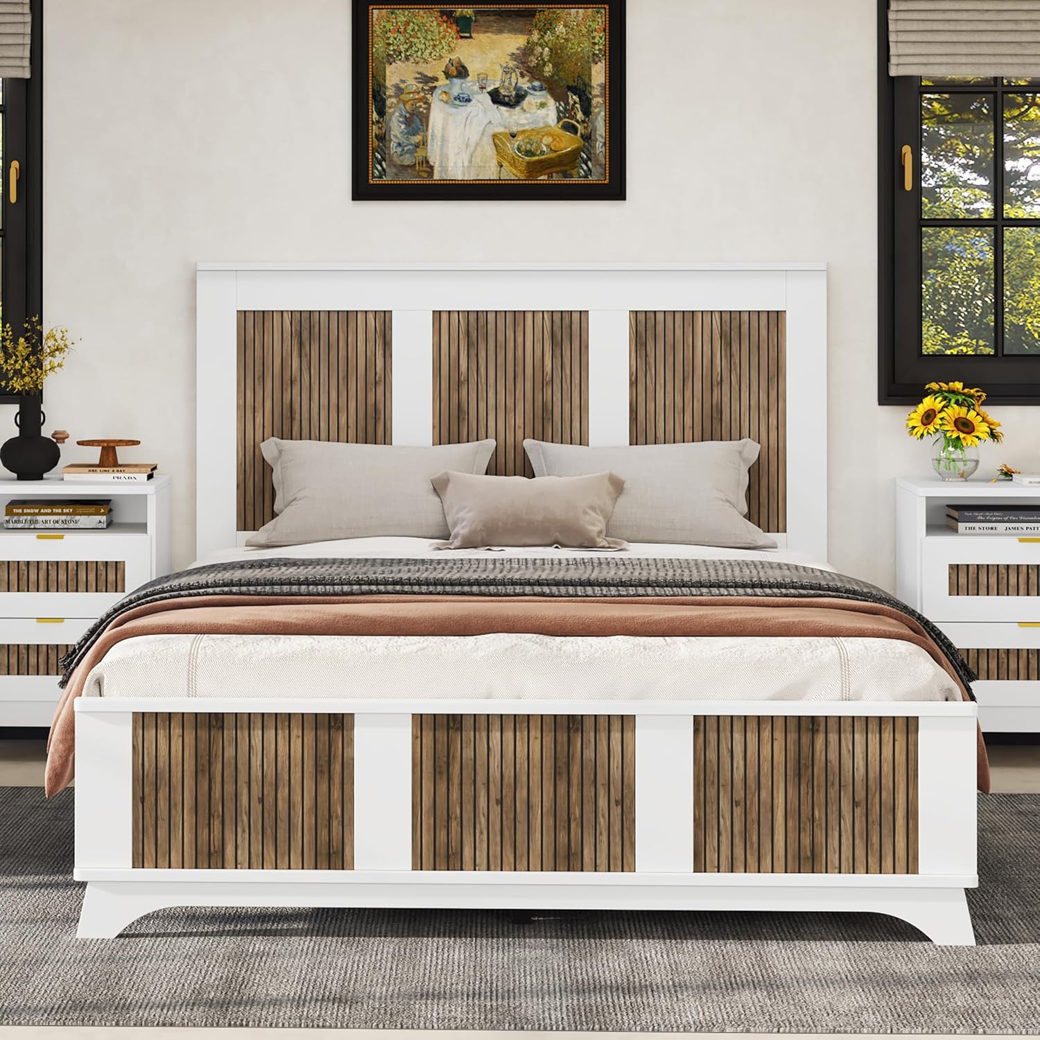 JIVOIT Farmhouse Wooden Platform Bed, Queen Size Platform Bed with Wooden Strip Decoration Headboard and Footboard, Plywood Slats Support, No Box Spring Required (White,Queen,268)