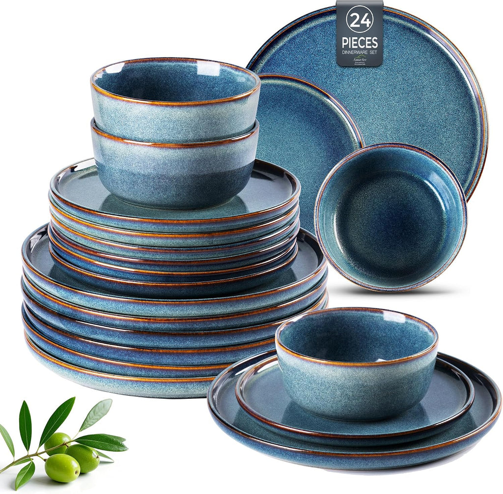 AmorArc Stoneware Dinnerware Sets,Round Reactive Glaze Ceramic Plates and Bowls Sets,Highly Scratch Resistant | Microwave & Dishwasher Safe,Service for 8 Dishes Set (24pc)