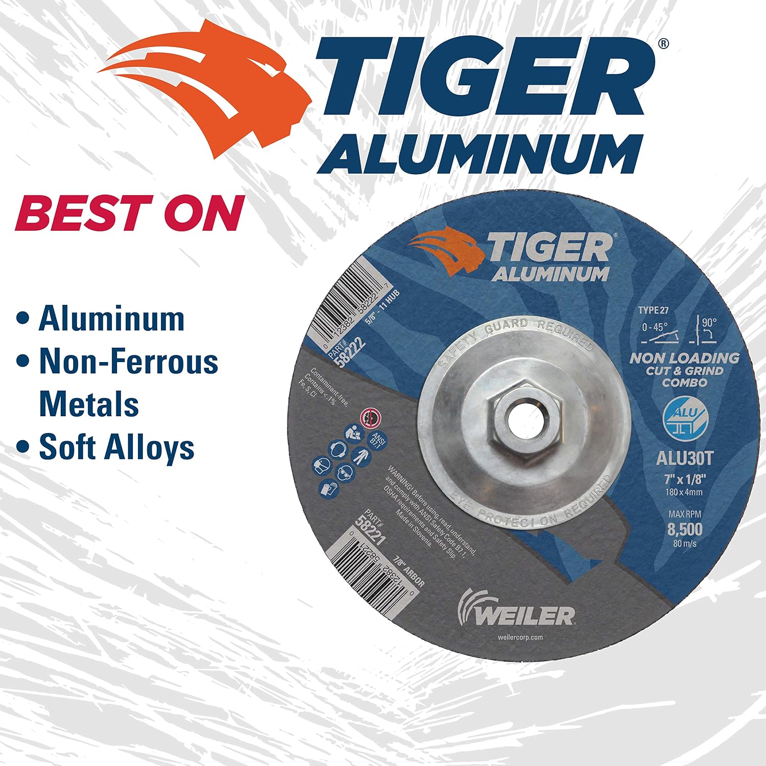 Weiler 58222 7 x 1/8 Tiger Aluminum Type 27 Cut Off/Grind Combo Wheel ALU30T 5/8-11 Nut (Pack of 10)