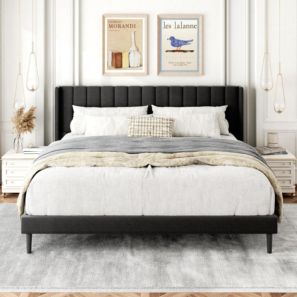 Gruwans King Size Bed Frame with Wingback Headboard, Upholstered Platform Bed, No Box Spring Needed, Sturdy Wooden Slat Support, Easy Assembly, Dark Gray