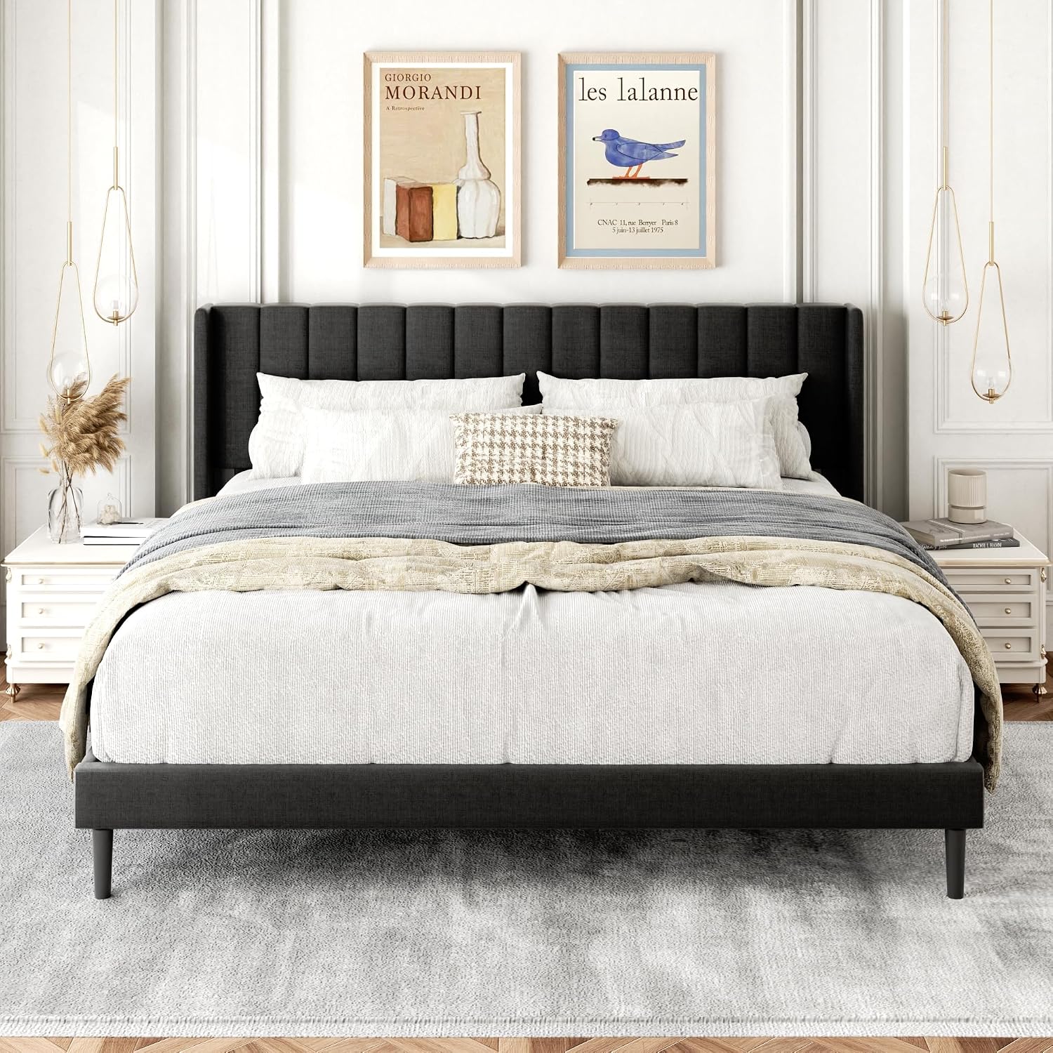 Gruwans King Size Bed Frame with Wingback Headboard, Upholstered Platform Bed, No Box Spring Needed, Sturdy Wooden Slat Support, Easy Assembly, Dark Gray