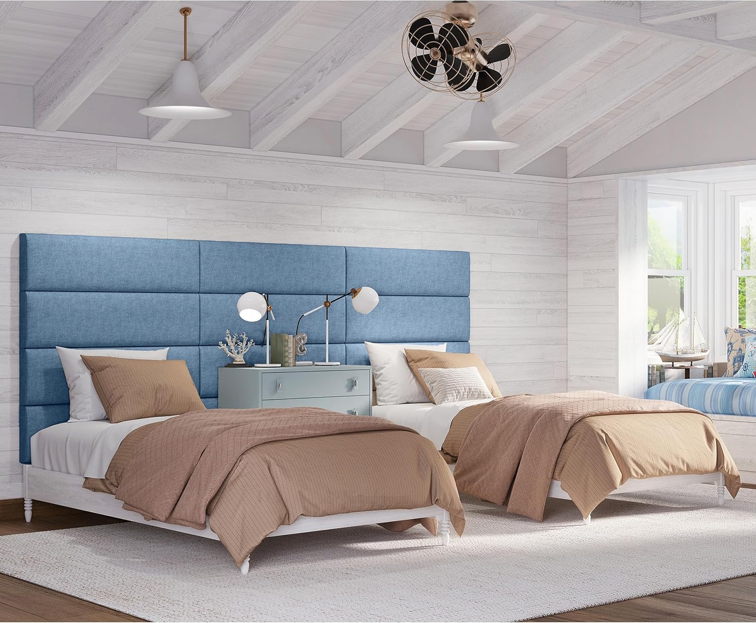 Jaxx Panelist Modern Padded Headboard – Set of 4 Wall Mounted Panels (Each 11.25' x 38') - King, Petrol Blue Microvelvet