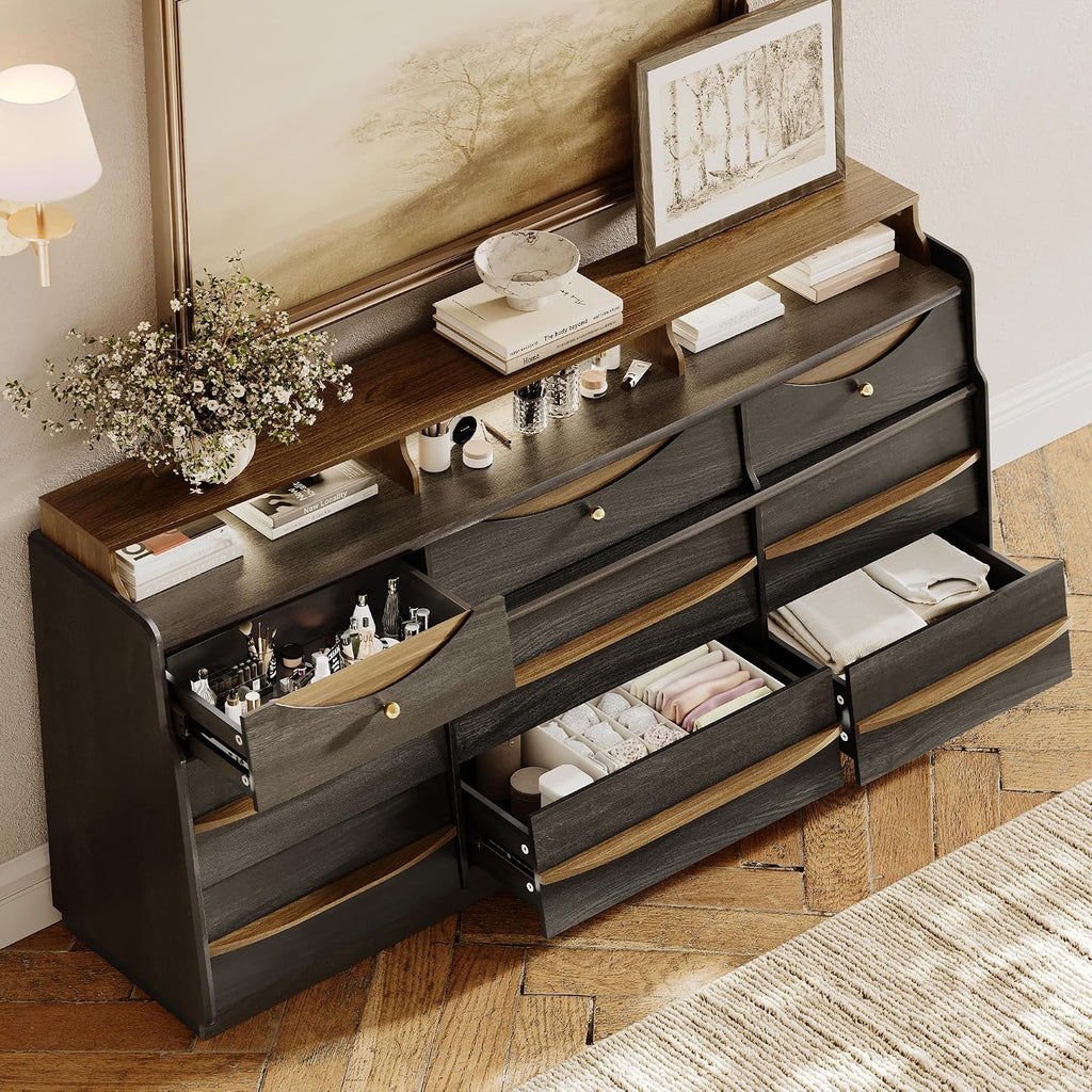63' W 9-Drawer Black Dresser for Bedroom, Modern Wood Chest of Drawers w/LED Light, Round Knobs & Solid Wood Handles, Long Wooden Dresser TV Stand w/Shelf for TVs up to 75', Curved Profile Design