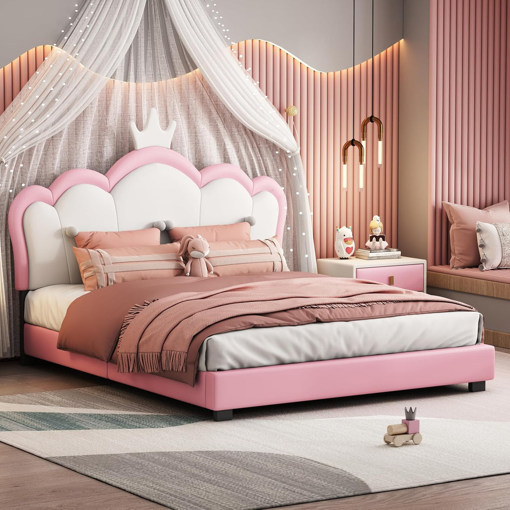 Full Size Upholstered Rabbit-Shape Princess Bed,with Headboard and Footboard Frames Platform Bed for Girls Boy Teen Full Bed Frames for Kids Bedroom Atmosphere Easy to Assemble (Pink, Full)