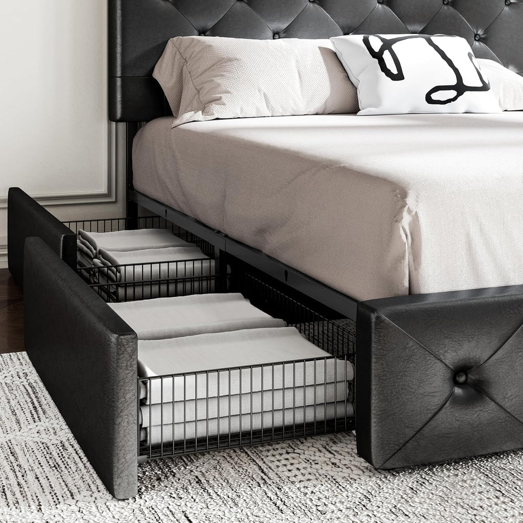 MUTICOR King Size Bed Frame with 4 Storage Drawers, Upholstered Platform Bed with Button Tufted Adjustable Headboard, No Box Spring Needed, Easy Assembly, Diamond Tufted, Black Leather