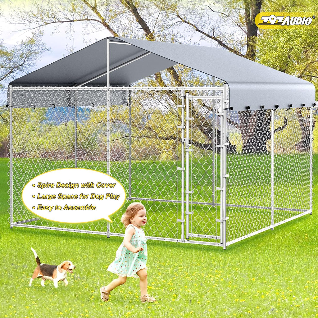 10'x10'x6.56' Large Outdoor Dog Kennel with Roof, Heavy Duty Outside Dog Run Enclosure Dog Pen House Pet Playpen with Galvanized Chain Link, Lockable Door, Waterproof Cover, for Small and Large Dogs