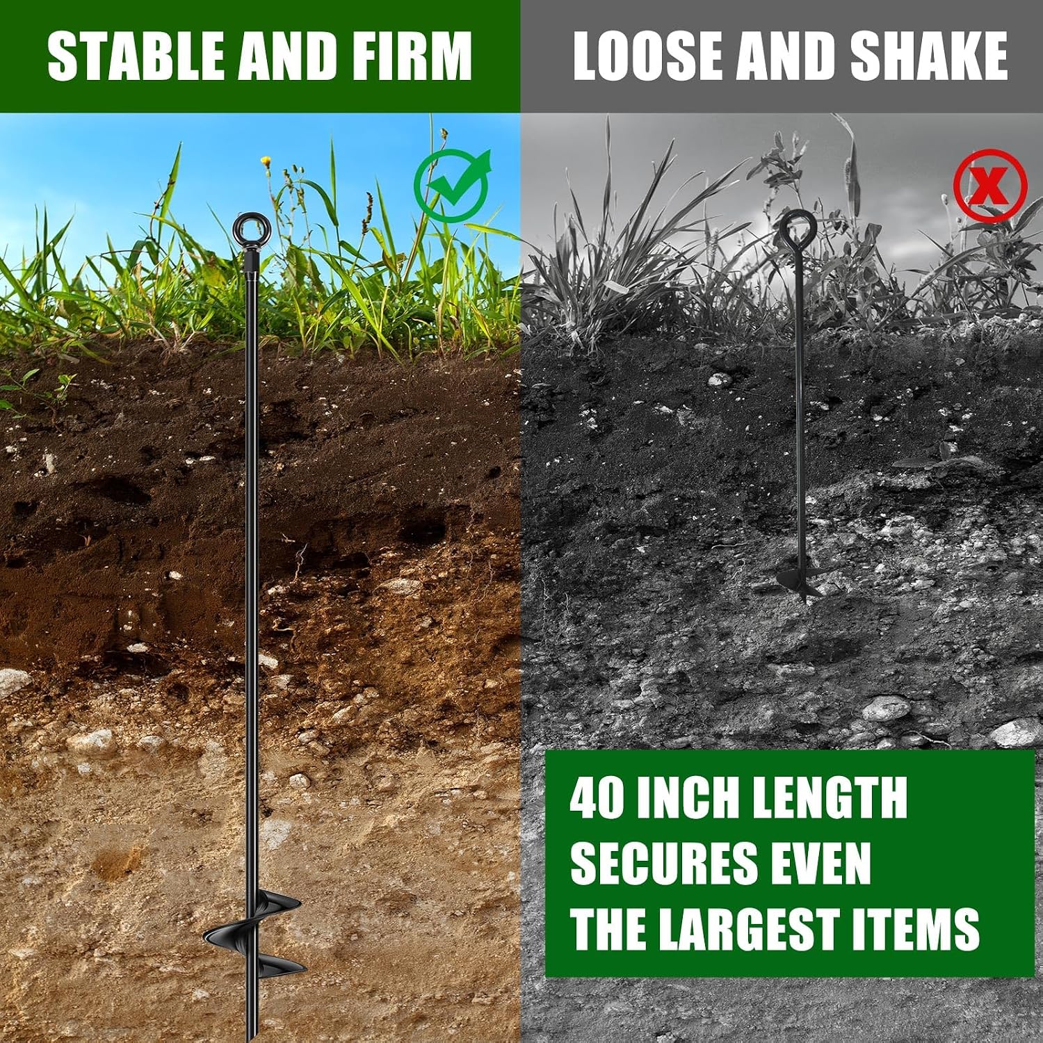 Yaocom 12 Pcs 40 Inch Extra Long Ground Anchor 4' Wide Helix 14 mm Rod Auger Earth Ground Metal Heavy Duty Anchors Hook Wind Stakes Eye Anchor for Guying Tents Fencing Canopies Bridge House (Black)
