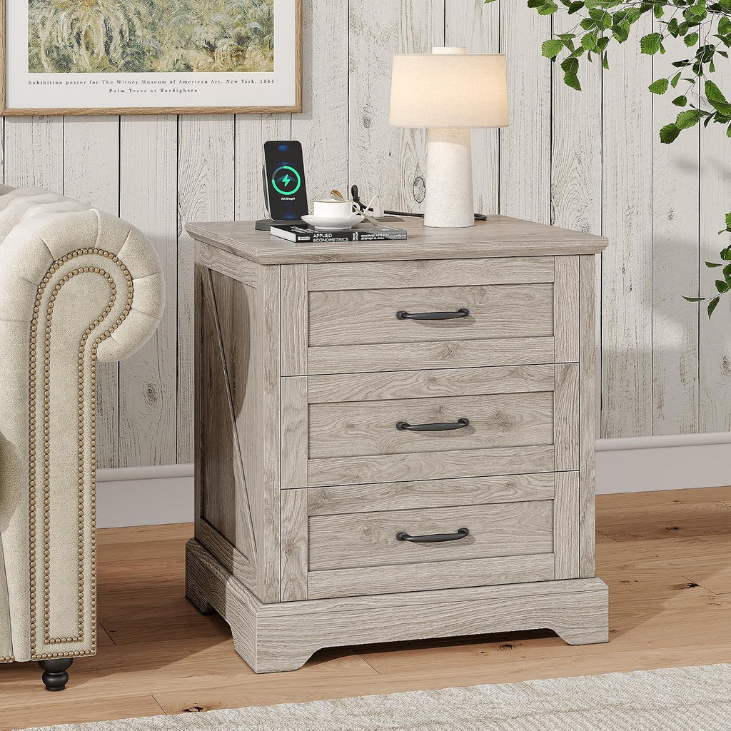 Whalefall Farmhouse Nightstand with Charging Station, 3 Drawers Bedside Table, 22 inch Wide End Table for Bedroom, Light Wash Grey