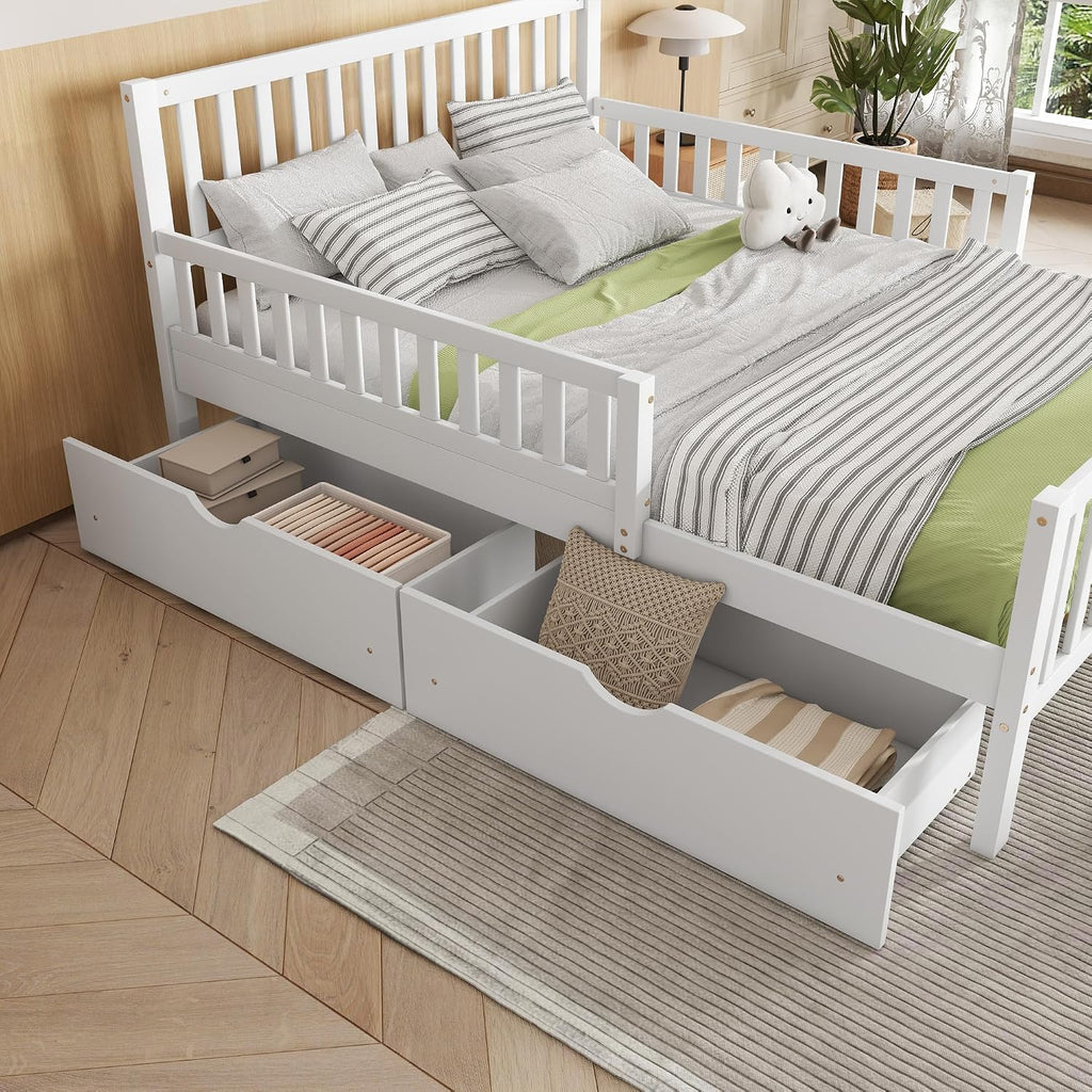Kids Full Size Bed Frame with Storage Drawers, Wood Full Bed Frames for Kids, Full Bed Frame with Headboard and Footboard for Boys Girls, No Box Spring Needed,White