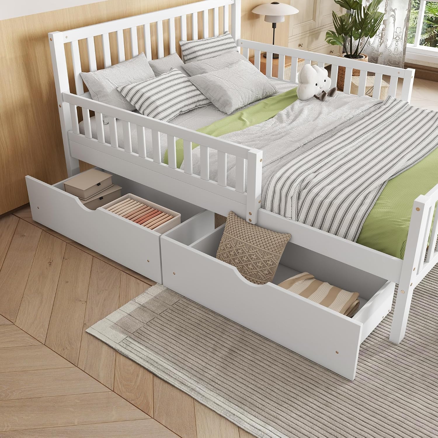Kids Full Size Bed Frame with Storage Drawers, Wood Full Bed Frames for Kids, Full Bed Frame with Headboard and Footboard for Boys Girls, No Box Spring Needed,White