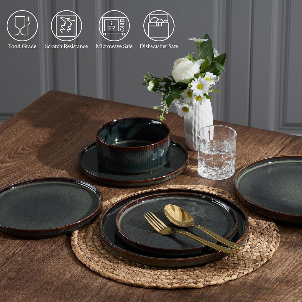 E-far 24-Piece Stoneware Dinnerware Sets, Plates and Bowls Sets for 8, Kitchen Modern Dinning Porcelain Dishes Set, Chip & Scratch Resistant, Dishwasher & Microwave Safe, Blackish Green