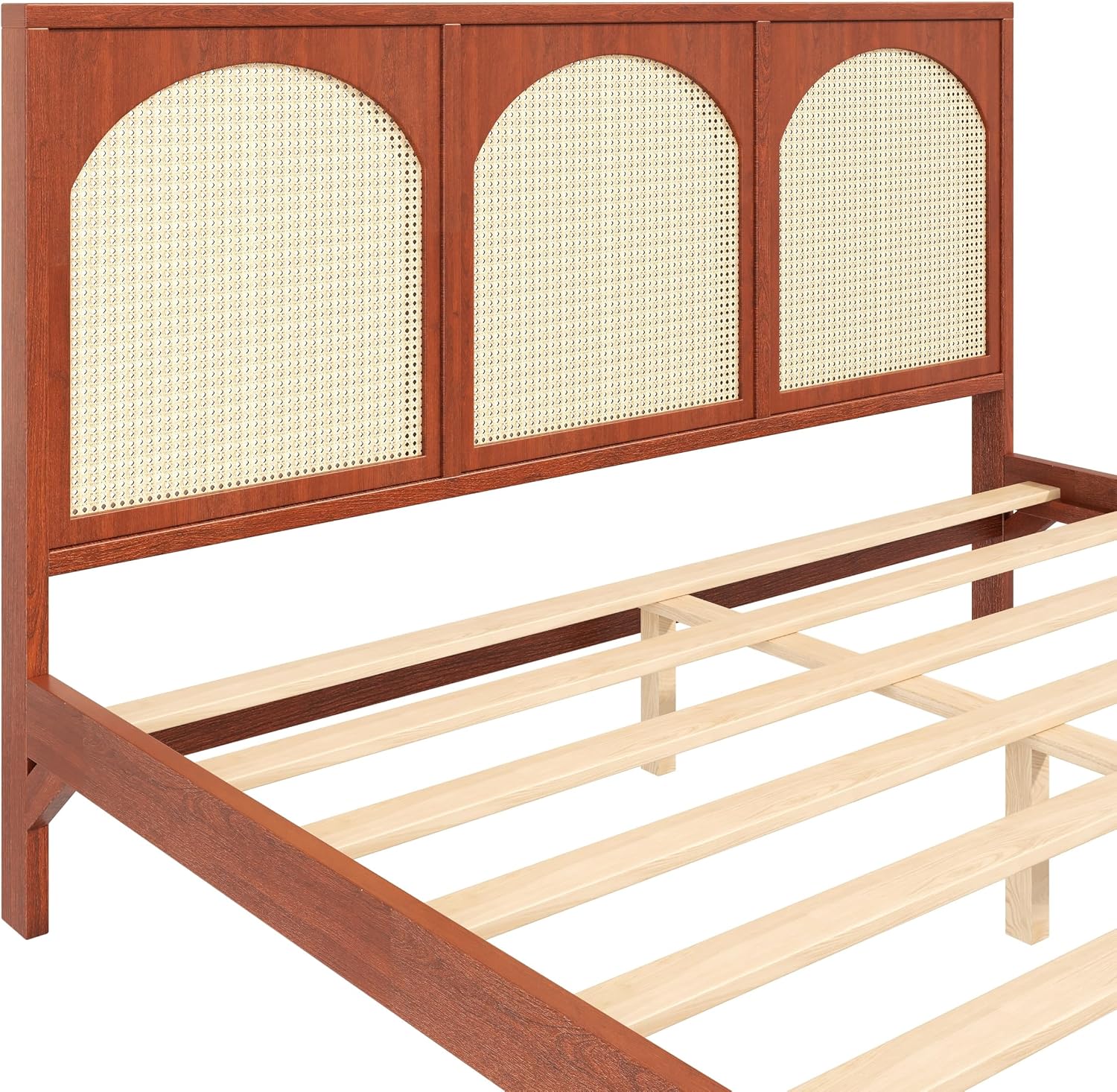 JIVOIT King Size Platform Bed with Rattan Headboard and Footboard, Wood Platform Bed Frame with Wood Slats Support, No Box Spring Needed, Easy Assembly (Walnut+Beige,King)