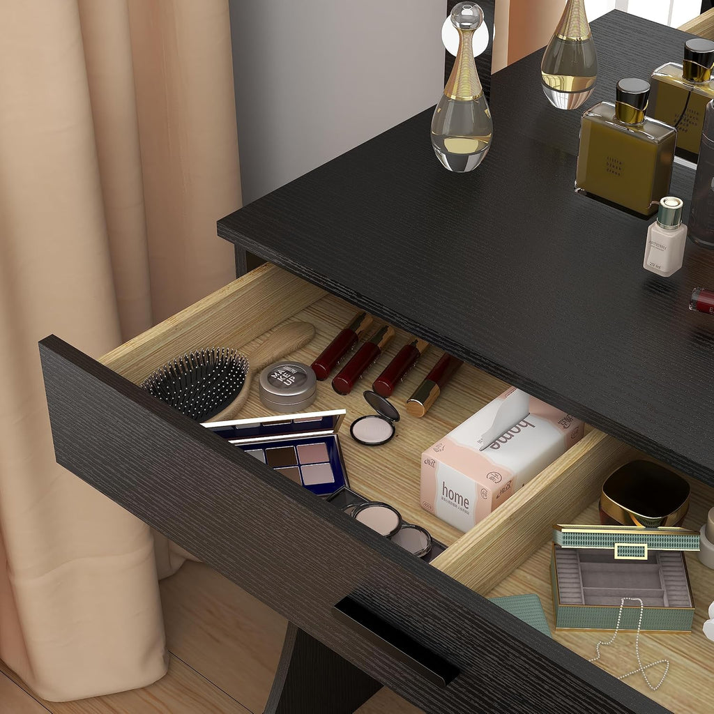 Panana Vanity Desk with Mirror and Lights, Black, Medium Size, Tabletop Mount, Makeup Vanity Table with Stool, Bedroom