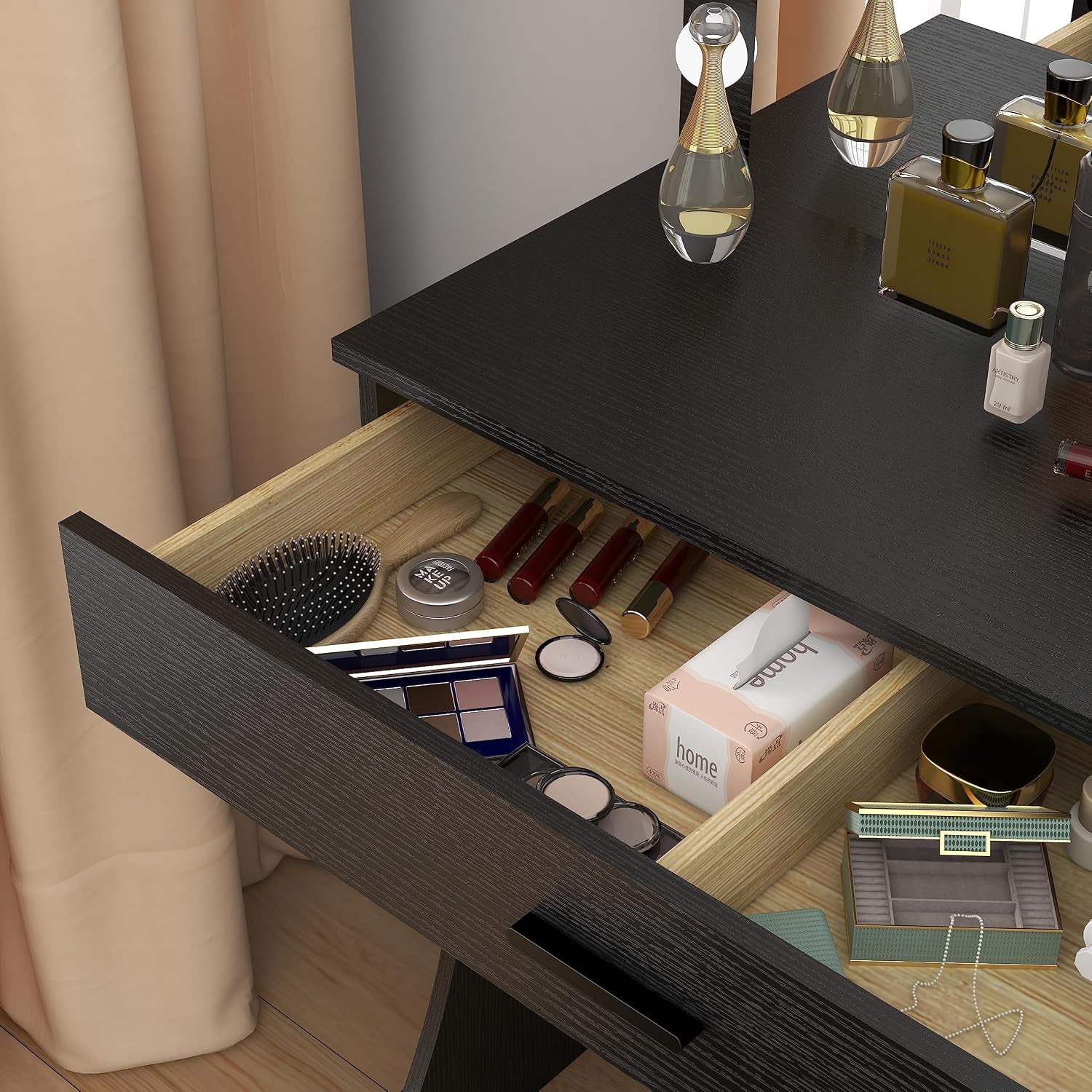 Panana Vanity Desk with Mirror and Lights, Black, Medium Size, Tabletop Mount, Makeup Vanity Table with Stool, Bedroom