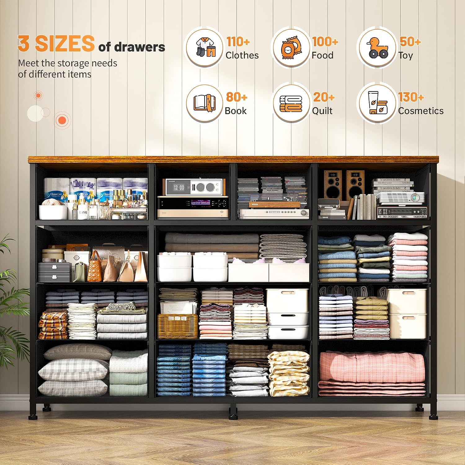 EnHomee Dresser for Bedroom with 13 Fabric Dresser, TV Stand for 40,50,55 inch Tv, Dressers & Chest of Drawers for Living Room, Hallway, Entryway, Apartment Metal Frame, Rustic Brown