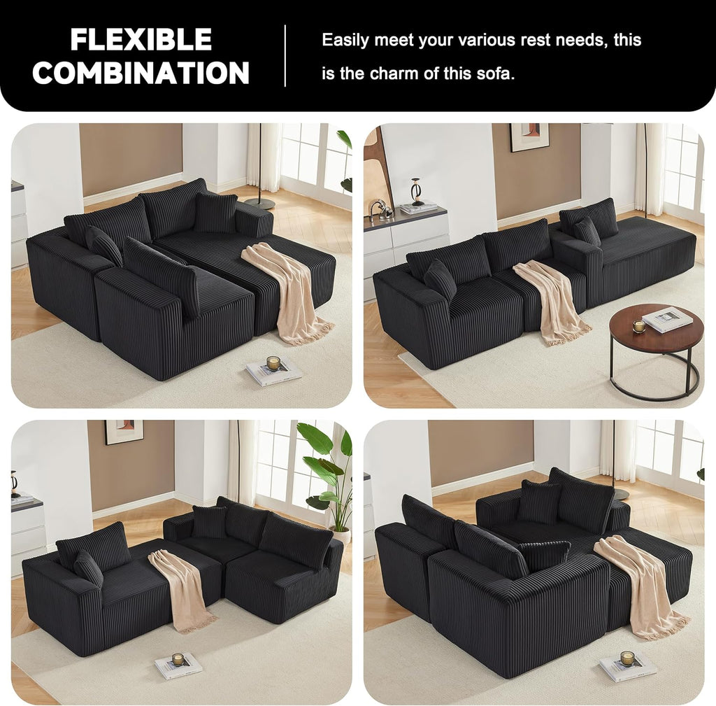 97' Boneless Couches for Living Room, Cloud Couch Sectional with Deep Seat, Comfy Couch with L-Shaped Chaise, Minimalist Upholstered Modular Sectional Sofa, No Assembly (Corduroy,Black)