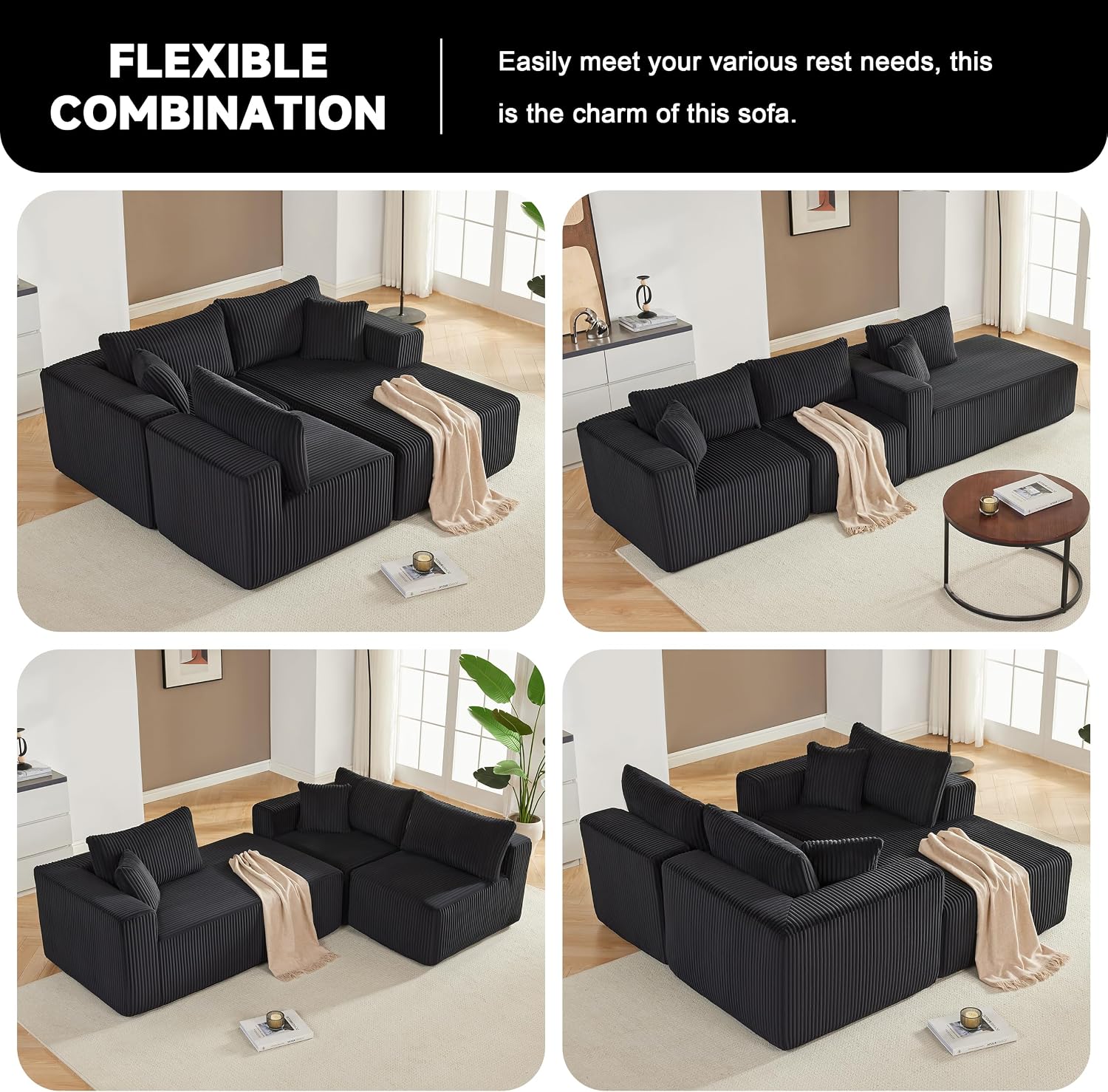 97' Boneless Couches for Living Room, Cloud Couch Sectional with Deep Seat, Comfy Couch with L-Shaped Chaise, Minimalist Upholstered Modular Sectional Sofa, No Assembly (Corduroy,Black)