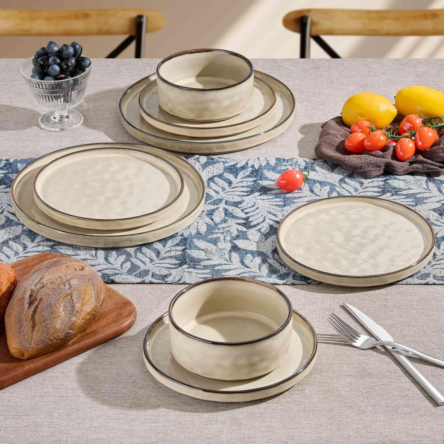 Herogo Plates and Bowls Dinnerware Sets for 8, 24 Pieces Stoneware Dishes Sets, Dishware for Dinner, Salad, Dessert, Dishwasher & Microwave Safe, Cream Khaki