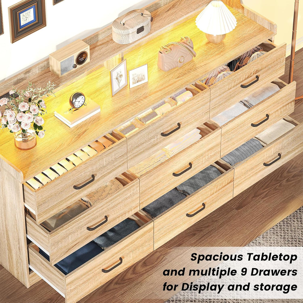Bigbiglife 9 Drawer Dresser with Built-in Power Outlet, Mid Century Modern Chest of Drawers for Bedroom,63'' Triple Wide Dresser Storage Cabinet for Closet, Living Room, Entryway,Light Wood