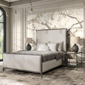 24/7 Shop at Home Lalia Hammered Metal 3-Piece Bedroom Collection, Upholstered Bed Frame with Beige Fabric Headboard, Forged Steel and 1-Shelf Nightstands, Foundation Required, Full, Matte Grey