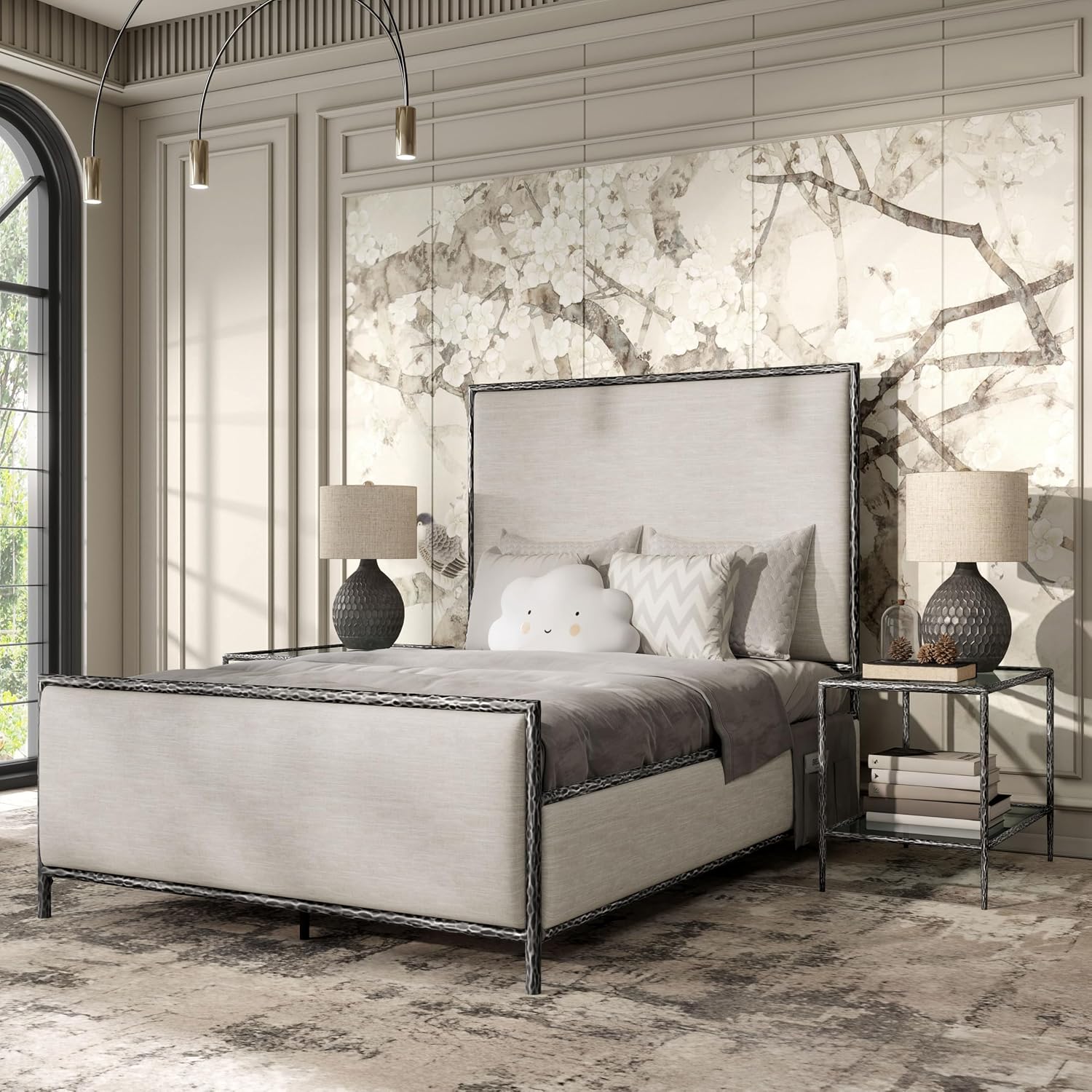 24/7 Shop at Home Lalia Hammered Metal 3-Piece Bedroom Collection, Upholstered Bed Frame with Beige Fabric Headboard, Forged Steel and 1-Shelf Nightstands, Foundation Required, Full, Matte Grey