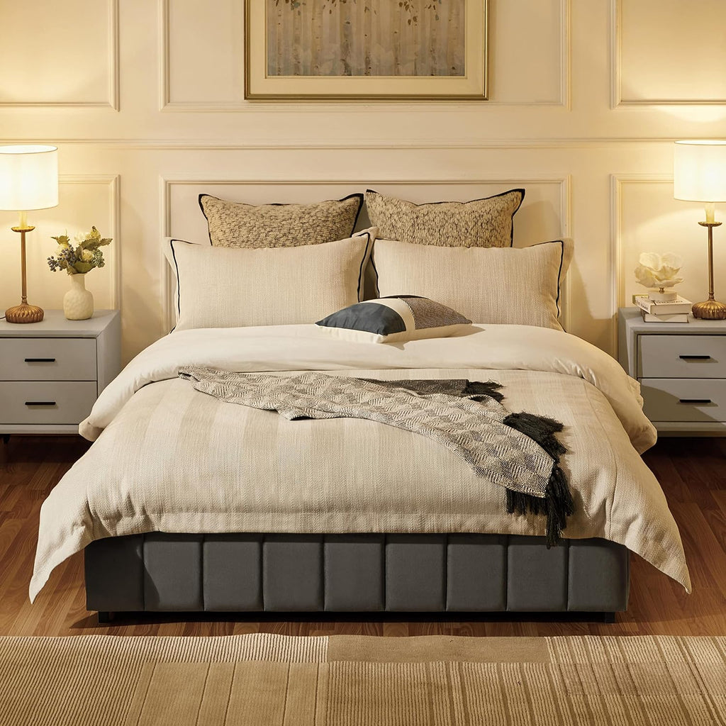 Yaheetech Full Upholstered Platform Bed with Underbed 4 Storage Drawers, No Fixed Headboard, Mattress Foundation with Wood Slat Support, Large Storage Space, No Box Spring Needed, Dark Grey Full