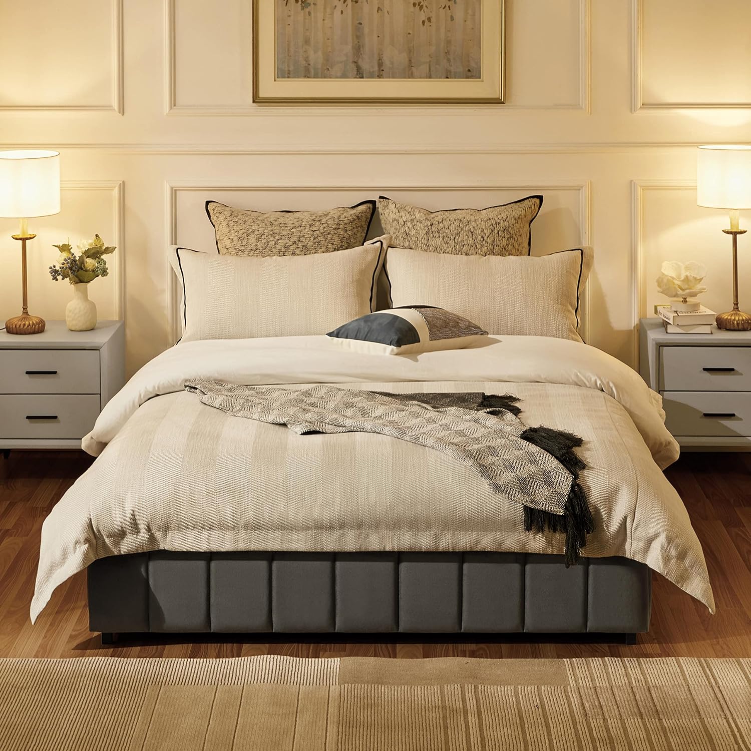 Yaheetech Full Upholstered Platform Bed with Underbed 4 Storage Drawers, No Fixed Headboard, Mattress Foundation with Wood Slat Support, Large Storage Space, No Box Spring Needed, Dark Grey Full