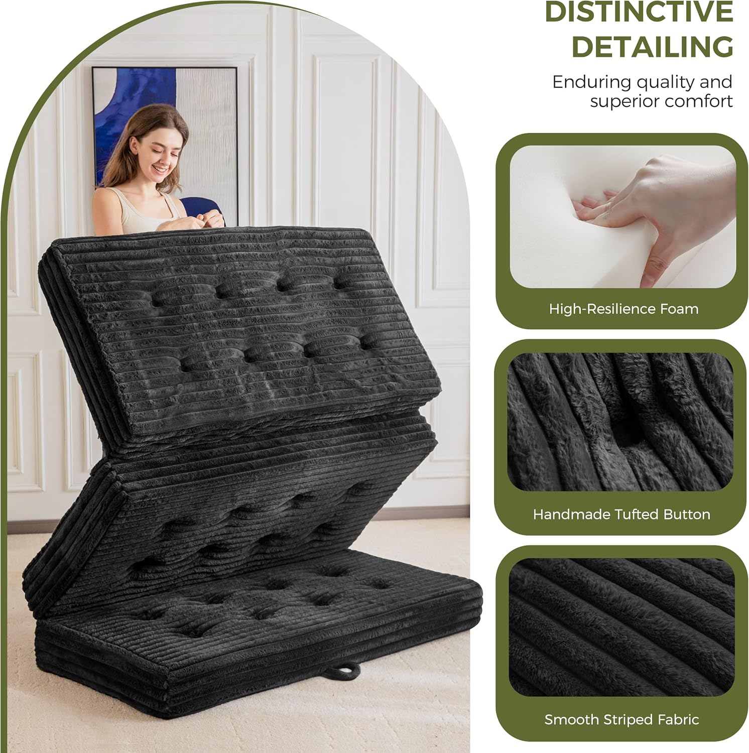 MAXYOYO Folding Sofa Couch Bed, 6 Inch Tri-Fold Floor Sofa Bed, Folding Mattress with Handles, Soft Faux Fur Folding Bed with Supportive Foam Filling, Portable Couch for Living Room, Twin, Black