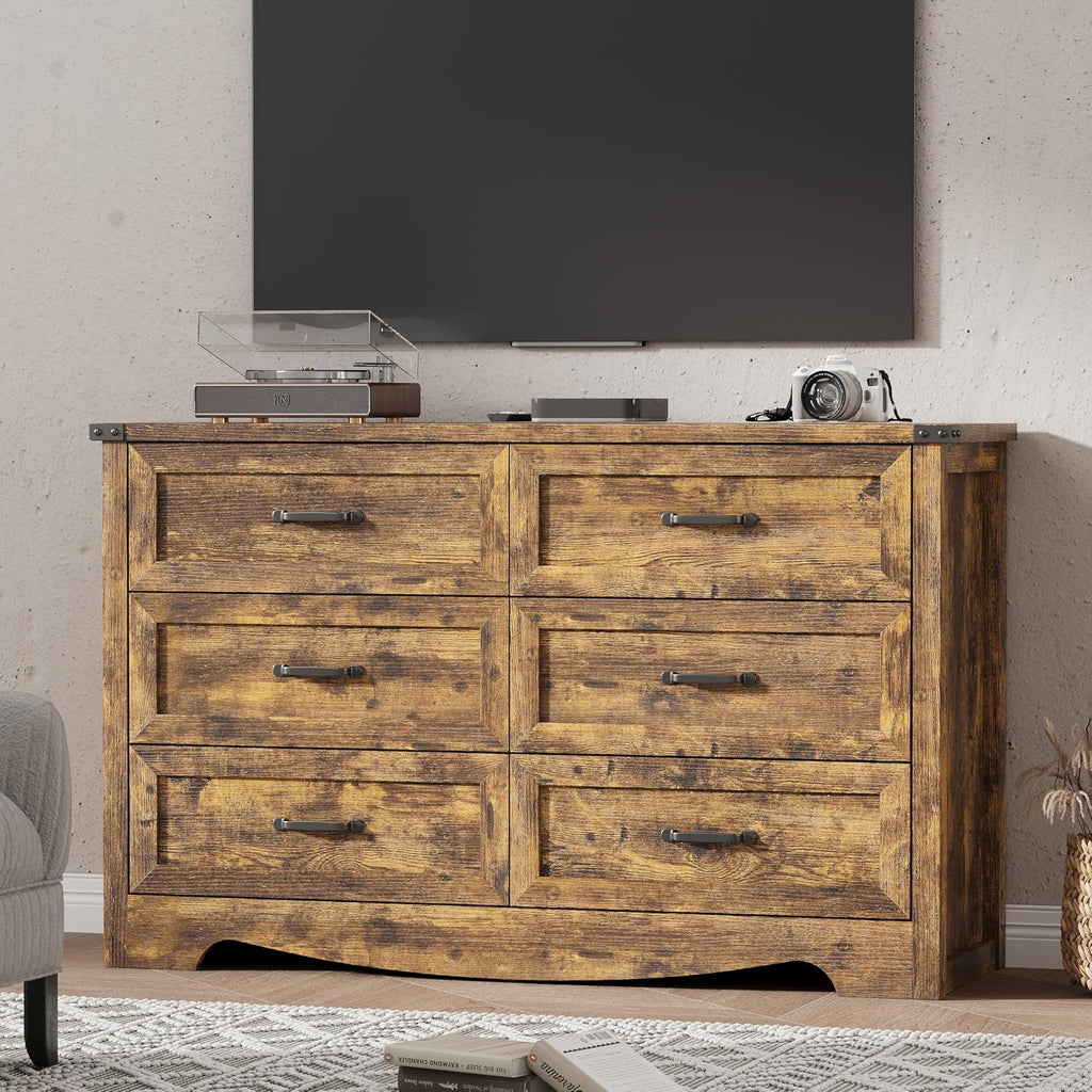 Dresser for Bedroom with 6 Drawers, 48' Wide Wood Chest of Drawers with Deep Drawers & Mental Handle, Wooden Dresser TV Stand, Modern Closet Storage Organizer for Living Room, Hallway, Entryway, Brown