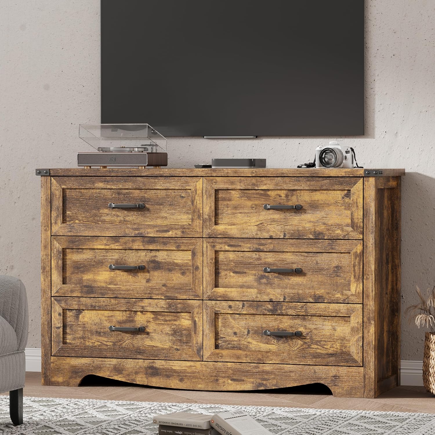 Dresser for Bedroom with 6 Drawers, 48' Wide Wood Chest of Drawers with Deep Drawers & Mental Handle, Wooden Dresser TV Stand, Modern Closet Storage Organizer for Living Room, Hallway, Entryway, Brown