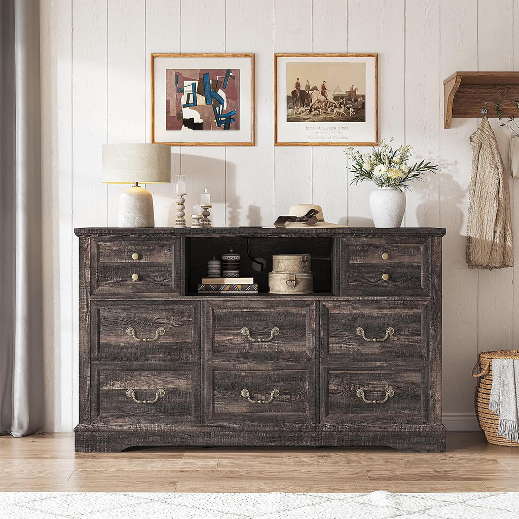 EnHomee 8 Drawers Dresser with Power Outlets and LED Lights,55' W Rustic Wooden Dressers & Chests of Drawers for Bedroom, Hallway, Rustic Oak, 55' W x 34.5' H x 15.7' D