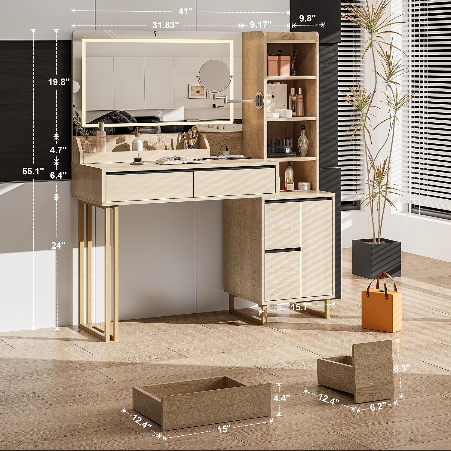 Vanity Desk with Mirror Lights, 41 Inch Makeup Vanity Table 10x Magnifying Mirror Charging Station Drawers Shelves Cabinet Adjustable 3 Color Brightness Dressing Table for Bedroom (Oak)