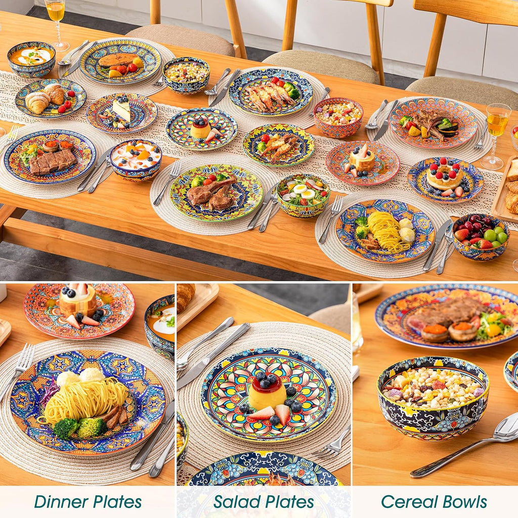 vancasso 18-Piece Dinnerware Sets,Ceramic Plates and Bowls Sets Service for 6, Bohemian Style Porcelain Dishes Set for 6, Microwave and Dishwasher Safe, Scratch Resistant,Non Toxic, Series KRVI