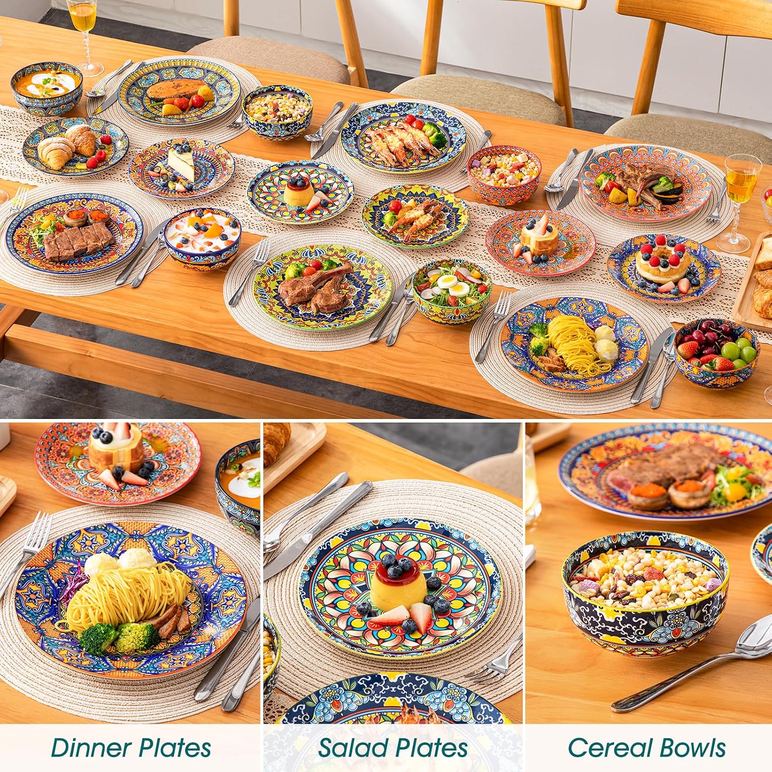 vancasso 18-Piece Dinnerware Sets,Ceramic Plates and Bowls Sets Service for 6, Bohemian Style Porcelain Dishes Set for 6, Microwave and Dishwasher Safe, Scratch Resistant,Non Toxic, Series KRVI
