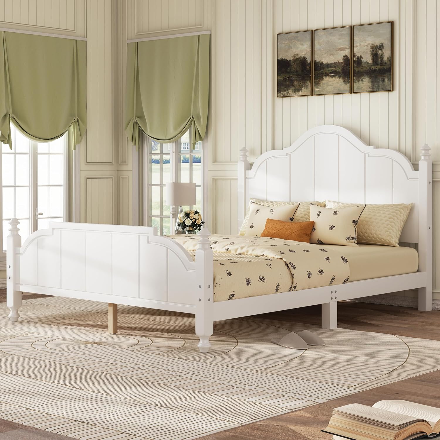 JIVOIT Vintage Wooden Bed Frame, Queen Size Platform Bed with Wide Headboard, Wood Slats Support, No Spring Box Needed, Easy Assembly (White-Queen,2)