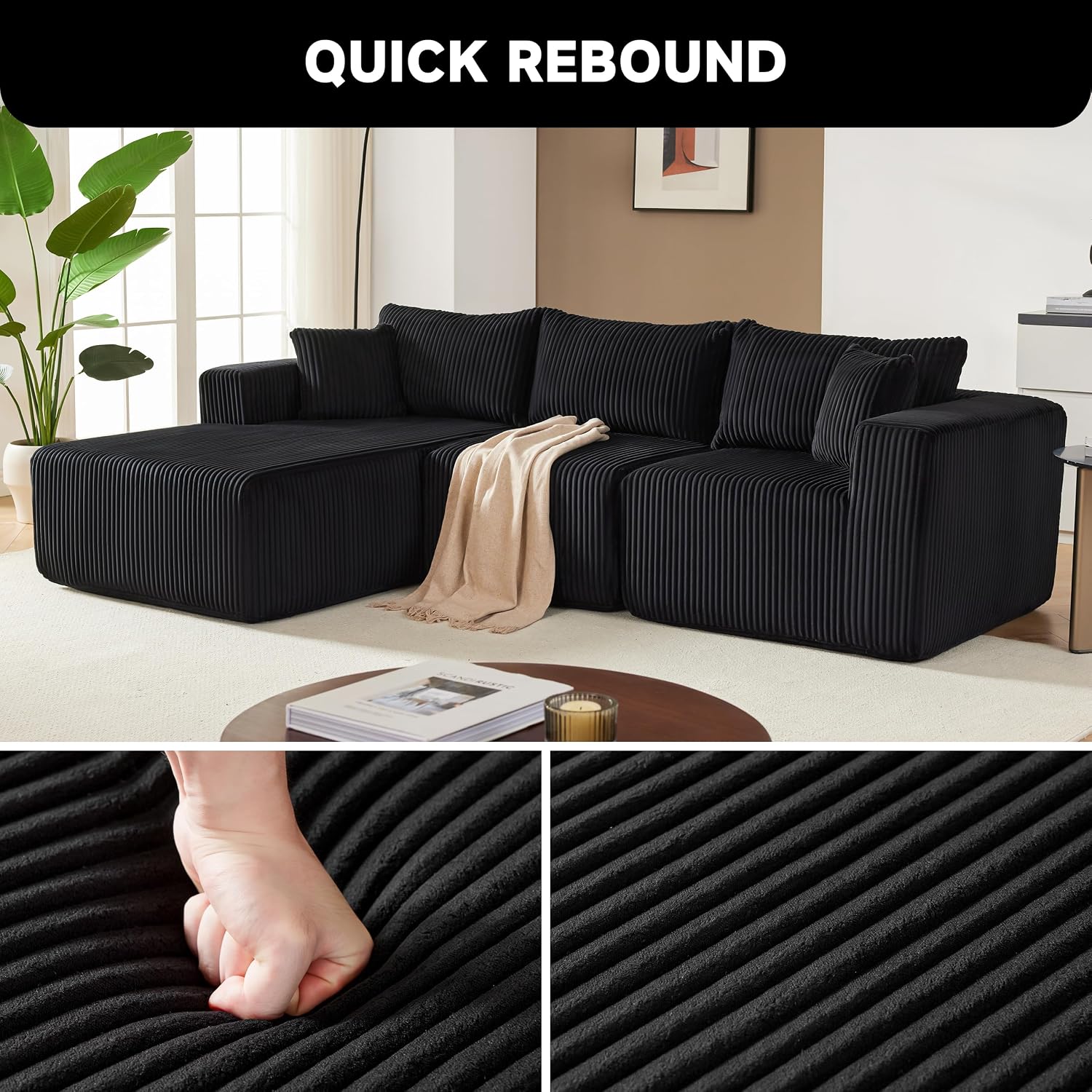 Weture 97' Modular Sectional Sofa, L-Shaped Boneless Couch with Deep Seat, Cozy Cloud Couch Sectional with Convertible Ottoman, Modern Sectional Couches for Living Room（ Black）