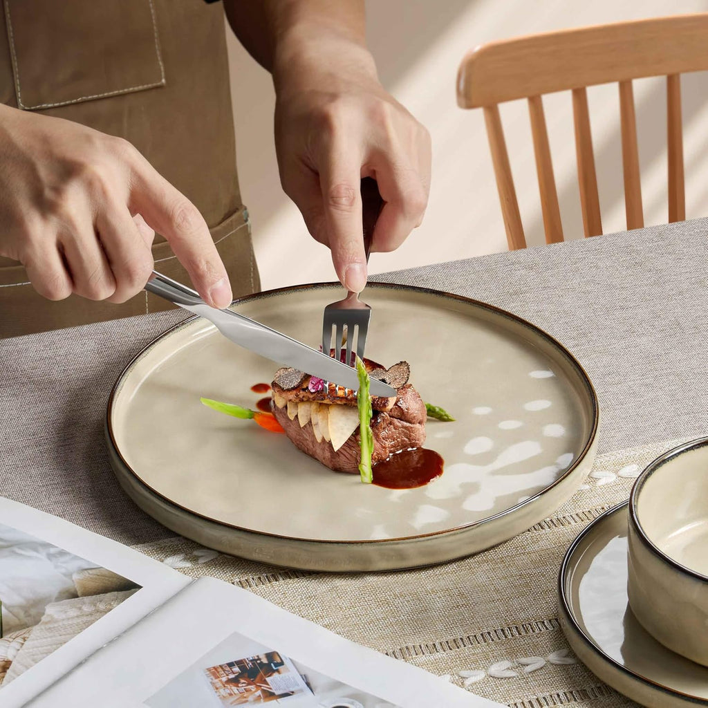 Herogo Plates and Bowls Dinnerware Sets for 8, 24 Pieces Stoneware Dishes Sets, Dishware for Dinner, Salad, Dessert, Dishwasher & Microwave Safe, Cream Khaki