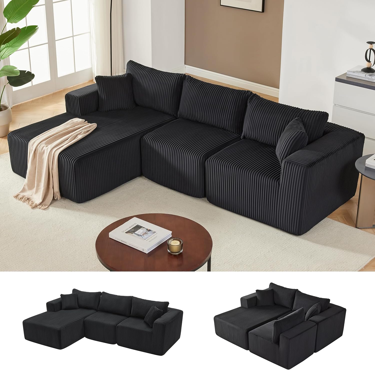 97' Boneless Couches for Living Room, Cloud Couch Sectional with Deep Seat, Comfy Couch with L-Shaped Chaise, Minimalist Upholstered Modular Sectional Sofa, No Assembly Required (Corduroy,Black)