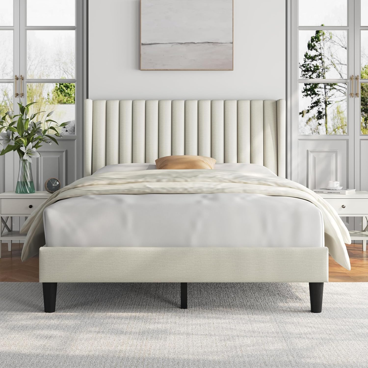 Yaheetech Full Bed Frame Upholstered Platform Bed with Fabric Headboard, Wing Edge Design/Non-Slip and Noise-Free/Wooden Slats Support/No Box Spring Needed/Easy Assembly, Ivory Full Bed