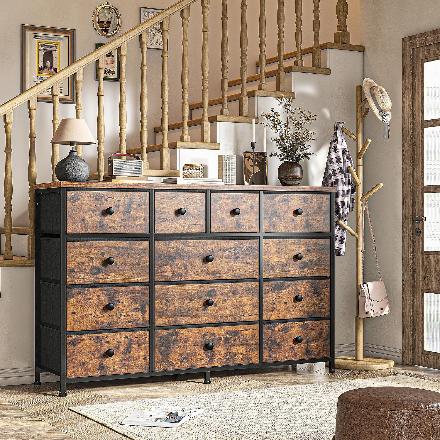 EnHomee Dresser for Bedroom with 13 Fabric Dresser, TV Stand for 40,50,55 inch Tv, Dressers & Chest of Drawers for Living Room, Hallway, Entryway, Apartment Metal Frame, Rustic Brown