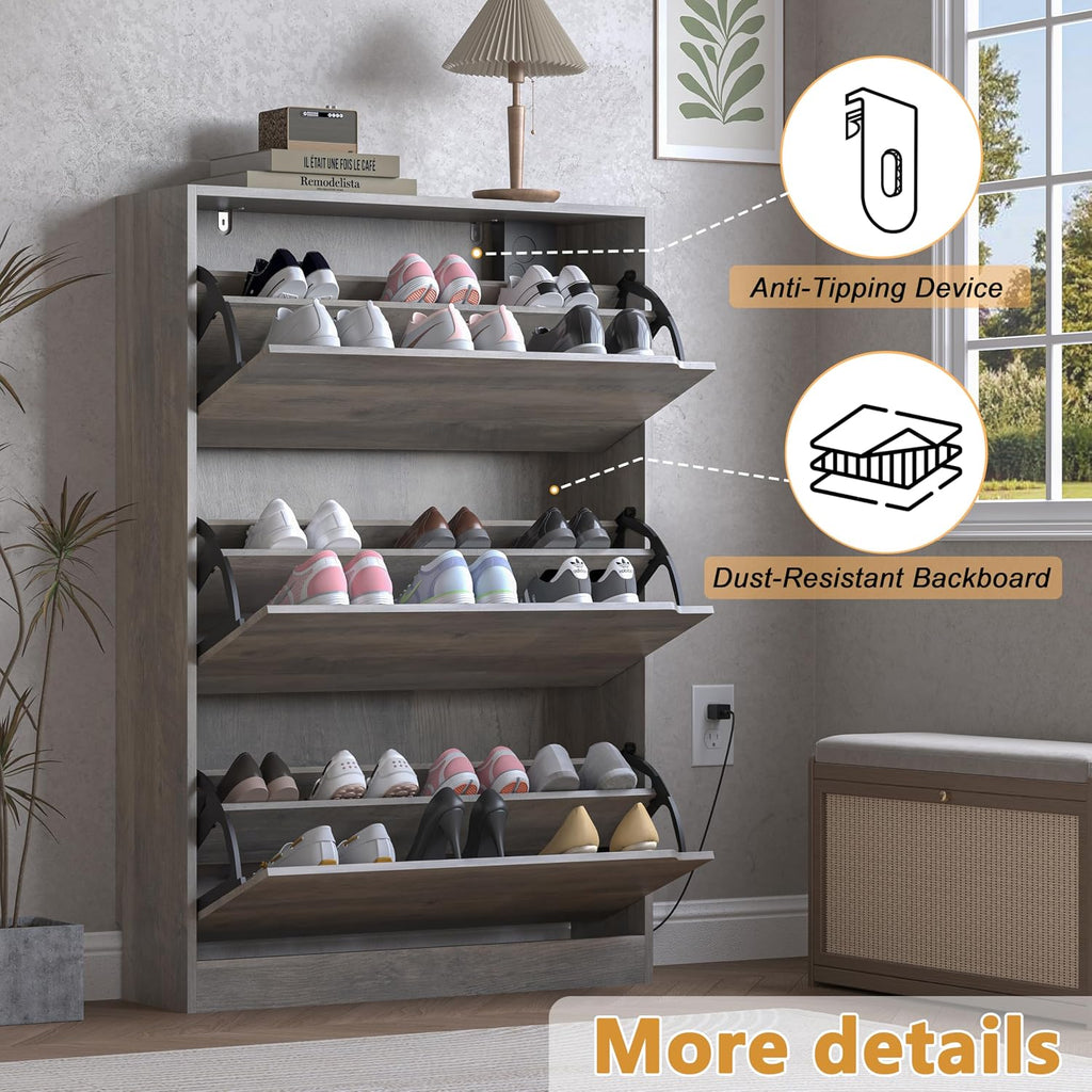BORNOON Shoe Cabinet with Odor Control and Back Panels, Deodorizing Slim 3-Flip Shoe Storage Cabinet for Entryway, Freestanding Hidden Shoe Rack Organizer for Entrance, Hallway, Bedroom