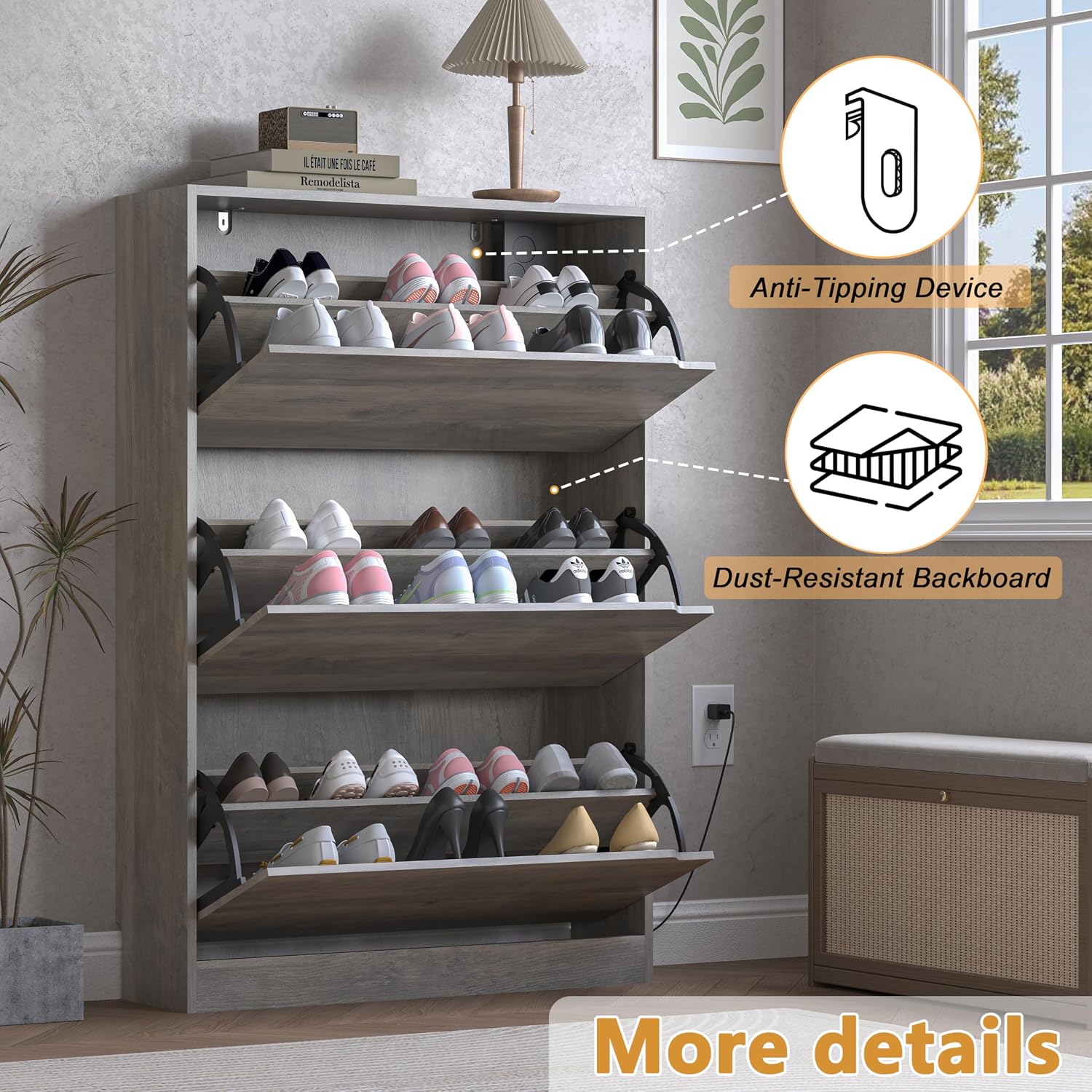 BORNOON Shoe Cabinet with Odor Control and Back Panels, Deodorizing Slim 3-Flip Shoe Storage Cabinet for Entryway, Freestanding Hidden Shoe Rack Organizer for Entrance, Hallway, Bedroom