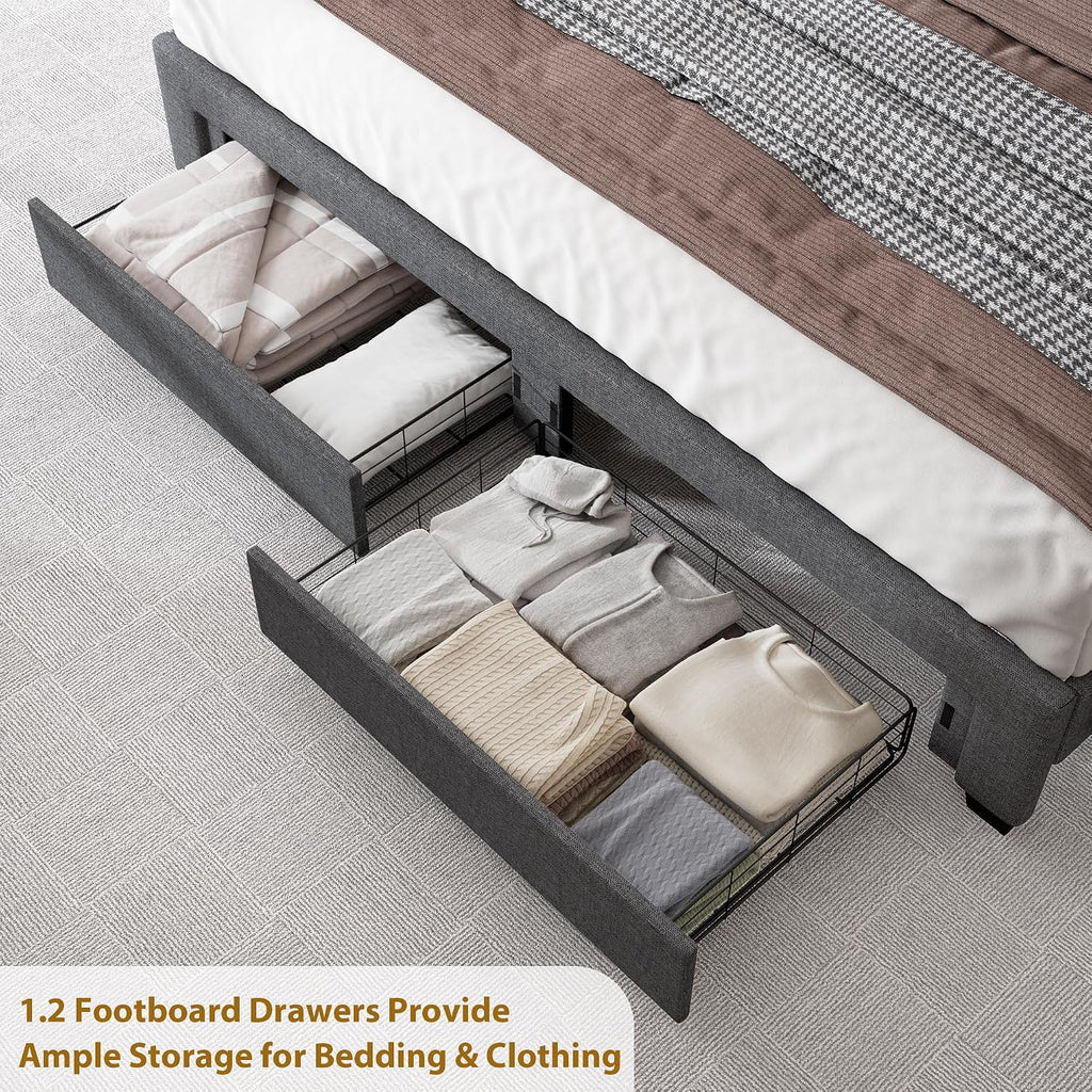 Full Bed Frame with Storage Headboard, Upholstered LED Bed Frame with 2 Storage Drawers Charging Station,Wood Slats Support, No Box Spring Needed, Noise Free, Grey