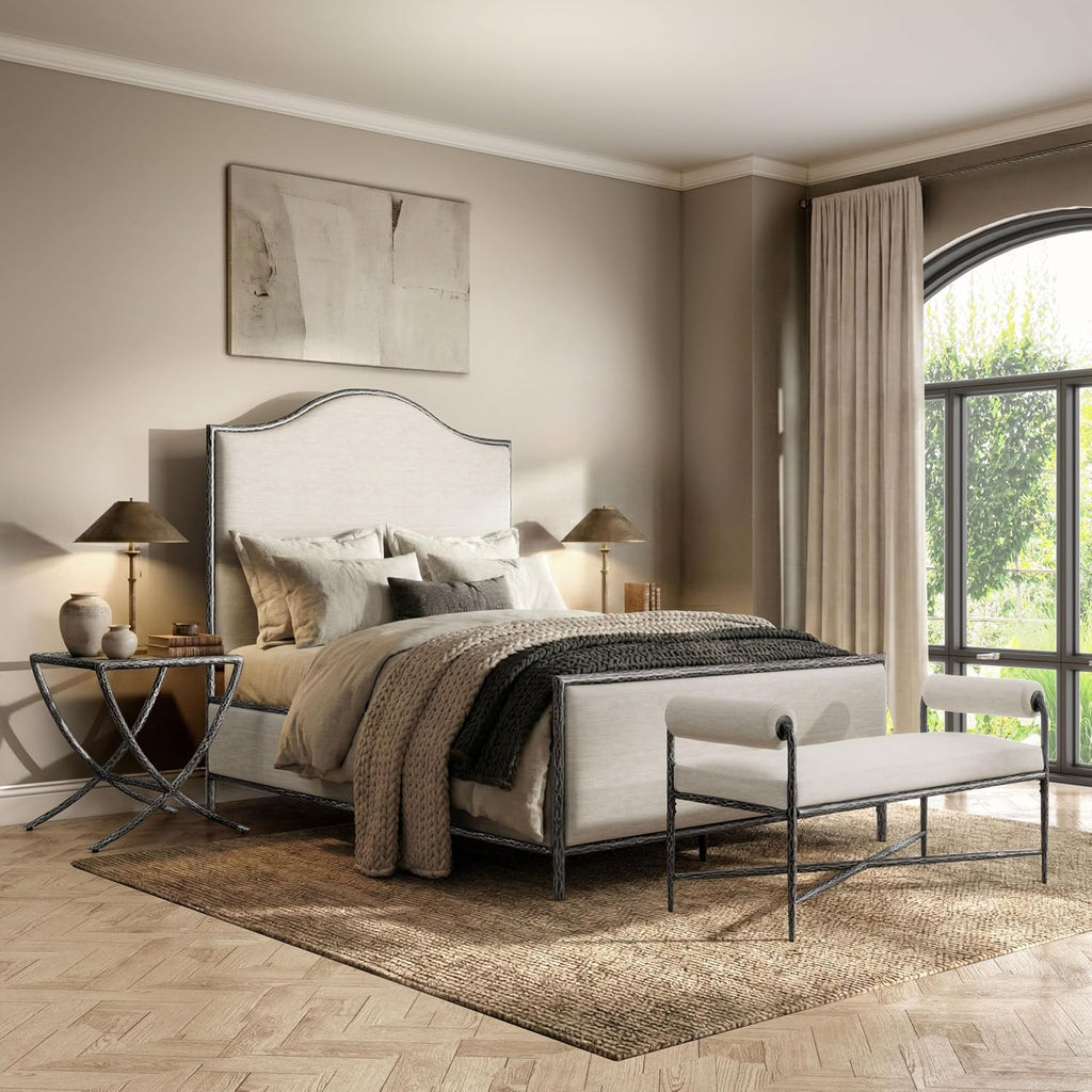 24/7 Shop at Home Lalia Hammered Metal 4-Piece Bedroom Collection, Upholstered Bed Frame with Camelback Headboard, Forged Steel, Bench and Curved Nightstands, Foundation Required, Full, Matte Grey