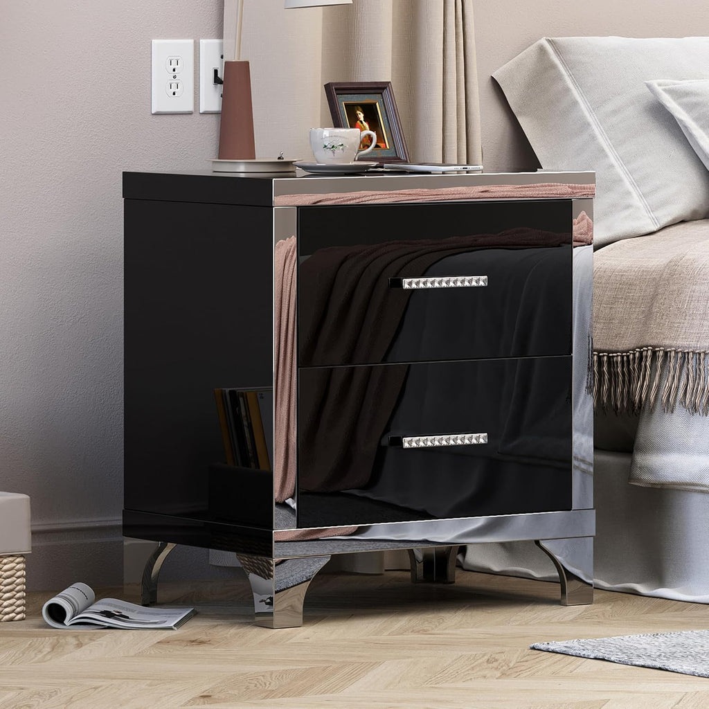 Henf Modern Black Nightstand Set of 2 for Bedroom, Elegant High Gloss 2 Drawer Night Stand with Silver Mirrored Legs, Small Wood End Table Sofa Side Table for Living Room Bedroom Apartment (Black)